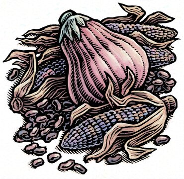 the three sisters: squash or pumpkin, dried corn, and dried beans