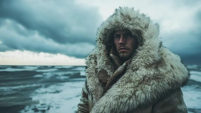Man in Fur Coat Standing on a Beach with Ocean Waves