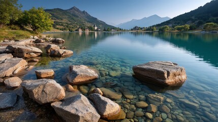 Serene Alpine Lake Shore with Church