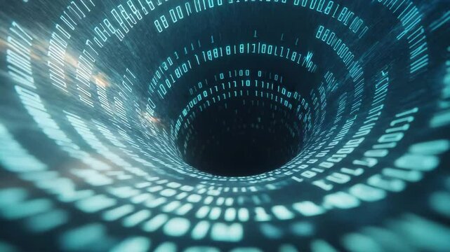 Digital tunnel of binary code creating a mesmerizing vortex effect.