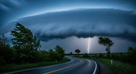 Dramatic Storm Cloudscape Over Countryside Road with Lightning