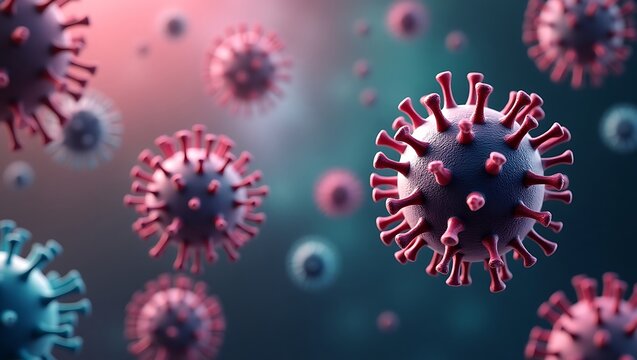 Depiction of viral pathogens with intricate spikes, surrounded by bokeh effect