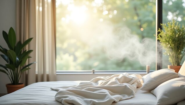 Sunlit morning in a serene bedroom with fresh bedding and indoor plants