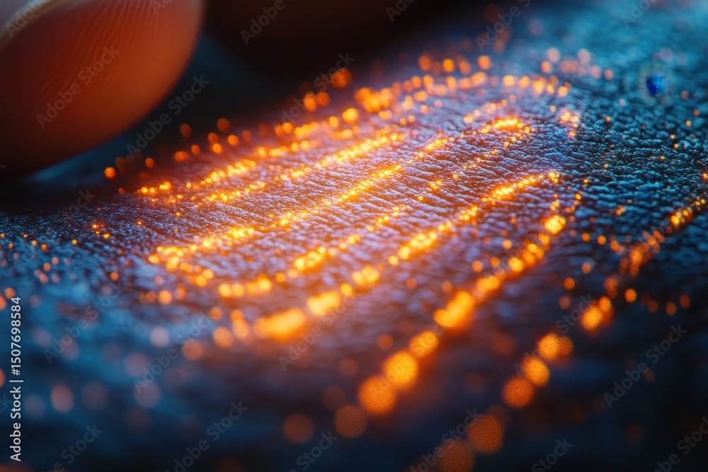 Poster engaging close-up of a person's eye illuminated by captivating light patterns and vibrant glowing ef