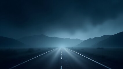 Eerie open road stretches toward distant mountains beneath a shrouded sky