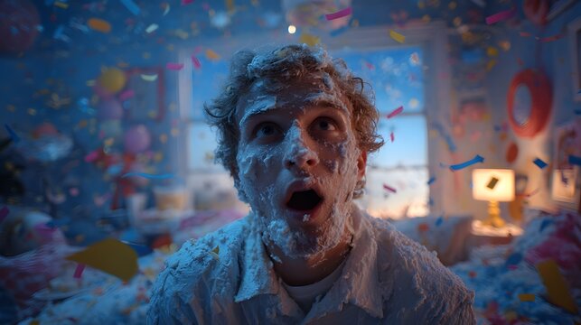 Surprised young adult man covered in cake and confetti at birthday party celebration indoors