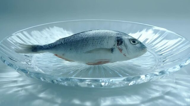 Studio shot showcasing a silvery gilthead seabream resting on an elegant transparent glass plate, positioned against a pale blue background.