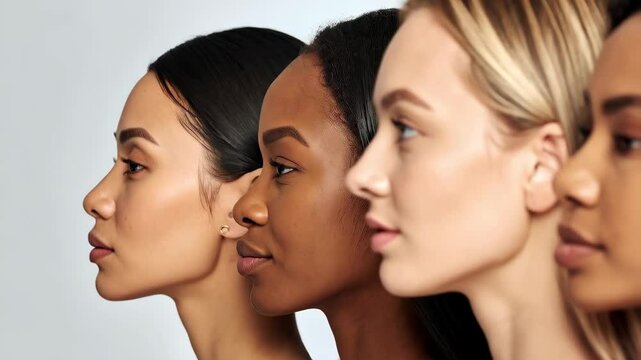 Portraits of four diverse women in profile against a gray backdrop showcasing a range of skin tones and hair colors in studio lighting.