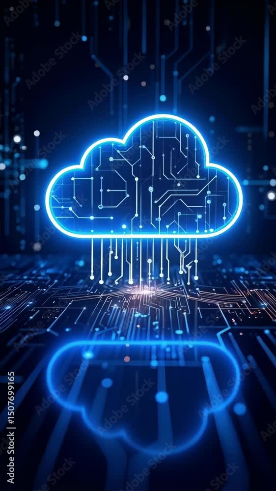 Poster digital cloud computing concept with glowing blue circuits and neon light effects for data storage a