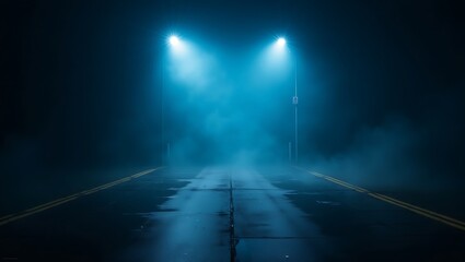 Eerie Ambience: Fog-Laden Road Illuminated by Streetlights at Twilight Zone