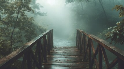 Fototapeta premium Wooden bridge stretching across a misty forest, inviting the viewer to explore nature.