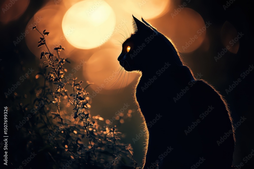 Poster Black cat perched on a tree branch surrounded by glowing lights during twilight, creating a mystical atmosphere