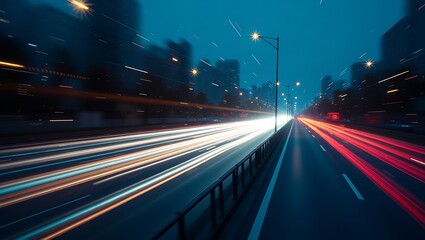 Dynamic light trails on an urban expressway under a twilight sky scenery