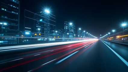 Energetic Urban Nightscape: Long Exposure Car Light Trails in a Modern City