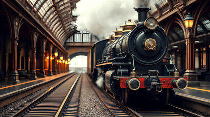 Steam locomotive from the 1800s stopped at a vintage train station with smoke rising and detailed metal textures