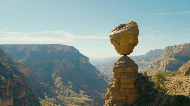 Balanced rock formation above a canyon landscape under clear sky.