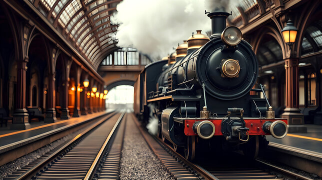 Steam locomotive from the 1800s stopped at a vintage train station with smoke rising and detailed metal textures