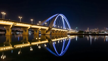 Modern bridge illuminated at night reflecting in tranquil waters cityscape background