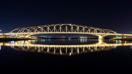 Luminous bridge structure at night mirroring on serene river surface