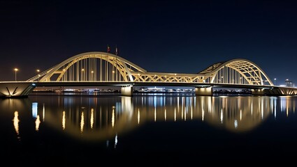 Majestic bridge at night, reflection of lights mirrored in the tranquil water