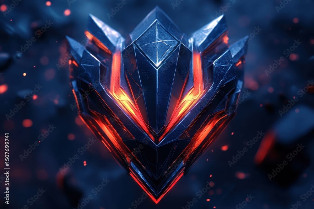 Aufkleber digital art featuring a glowing dark crystal shield with fiery accents, set against an abstract back