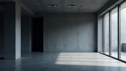 Minimalist concrete interior with abundant light casting shadows and clean lines