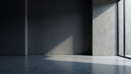 Modern minimalist interior space with sunlight, concrete walls and floor
