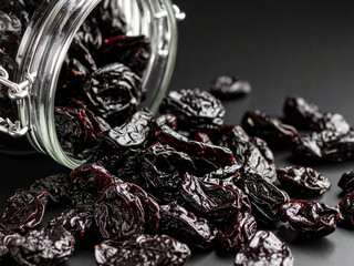 Glass jar filled with dried plums on solid black background.