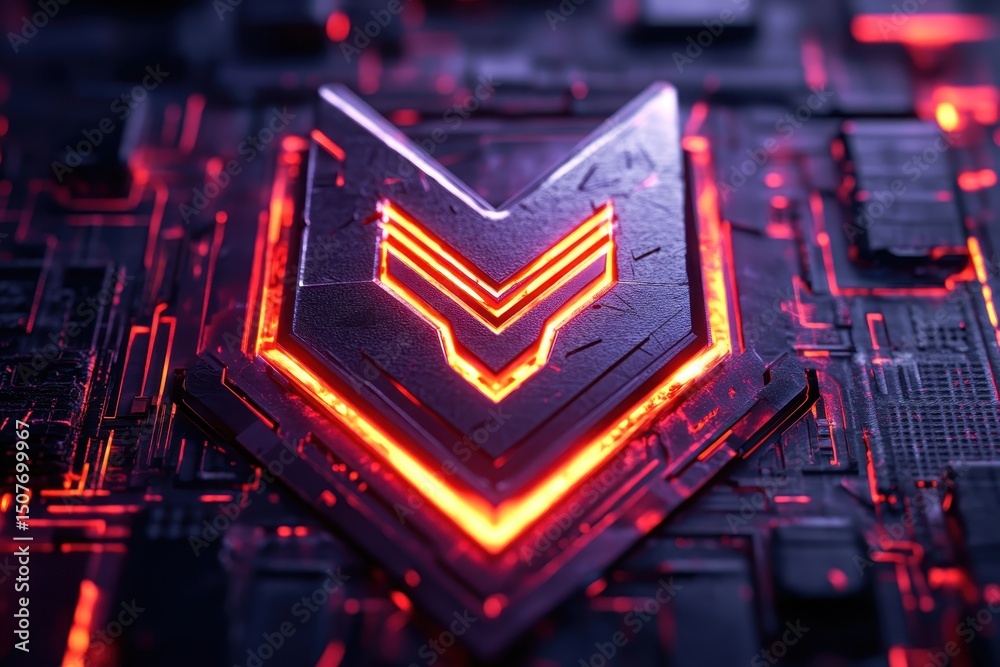Poster digital artwork showcasing a futuristic logo design illuminated in red tones against a textured blac