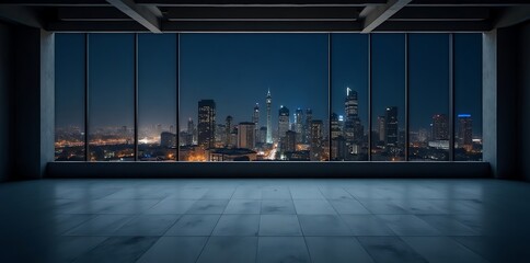 Nighttime cityscape view from modern high-rise building panoramic window