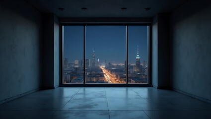 Serene Panoramic Metropolis View from a Modern Minimalist Dark Apartment