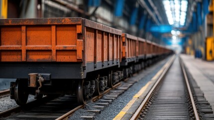 Obraz premium Industrial Train Freight Cars on Track in Large Warehouse Facility