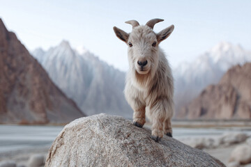Obraz premium Adorable kid goat standing proudly on a rock against a majestic mountain backdrop. Represents resilience, innocence, and adventure. Great for nature, travel, and children themes.