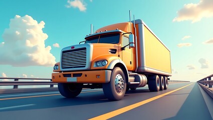 Freight transportation illustration, semi-truck driving on highway with sky background