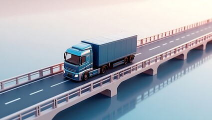 Modern truck crossing bridge reflecting in water delivering goods quickly