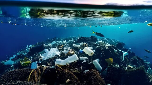 Underwater accumulation of garbage and plastic waste causing environmental pollution in the ocean with tropical fish swimming above.
