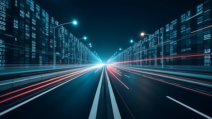 Futuristic highway with light trails and digital data overlay in dark setting