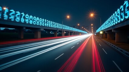 Urban highway at twilight with blurred car lights creating motion and speed