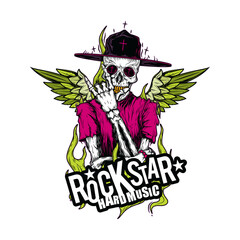 Original illustration. Skeleton with hat and wings on his back. T-shirt design.