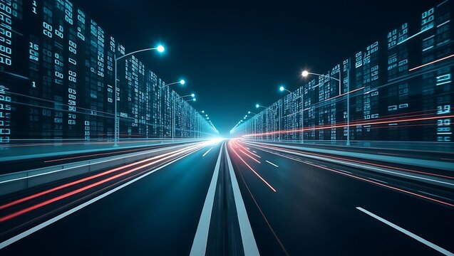 Futuristic highway with light trails and digital data overlay in dark setting