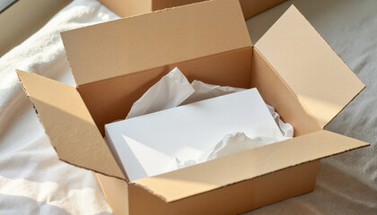 Cardboard box opened with crumpled paper inside on a blanket  