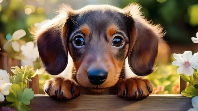 Niedlicher Dachshund schaut &uuml;bern Zaun
