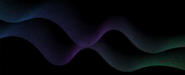 Dark abstract background with shining waves. Shiny moving lines design element. Modern blue, purple and green gradient flowing wave lines. vector
