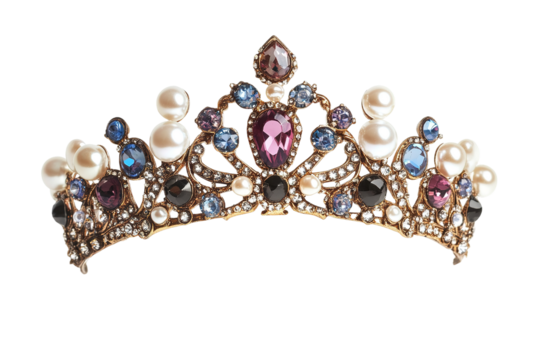 Ornate crown adorned with colorful jewels and pearls isolated on trransparent background.