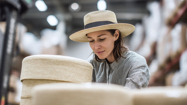 Stylish woman in straw hat carefully inspecting handcrafted items in a warehouse. Emphasizes artisan quality and thoughtful production. Ideal for blogs, websites, and ads focusing on ethical retail. - Powered by Adobe