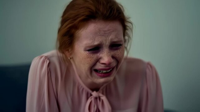 Closeup of a heartbroken young adult redhead with freckles, weeping uncontrollably. Her anguished expression and tear-filled eyes reveal deep emotional pain.