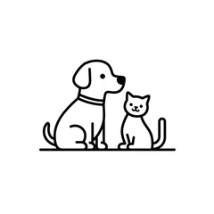 Dog and cat sitting together in minimalist line art style concept of pets  