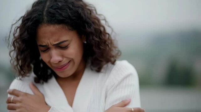 A young adult woman of color, visibly distressed, weeps with tears streaming down her face while embracing herself.