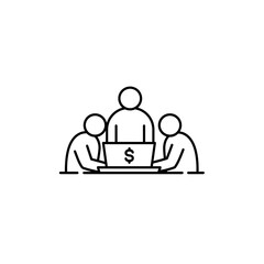 Team collaborating around laptop with dollar sign in a meeting  