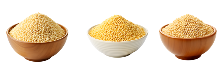 Set of puffed millet in bowls isolated on transparent background